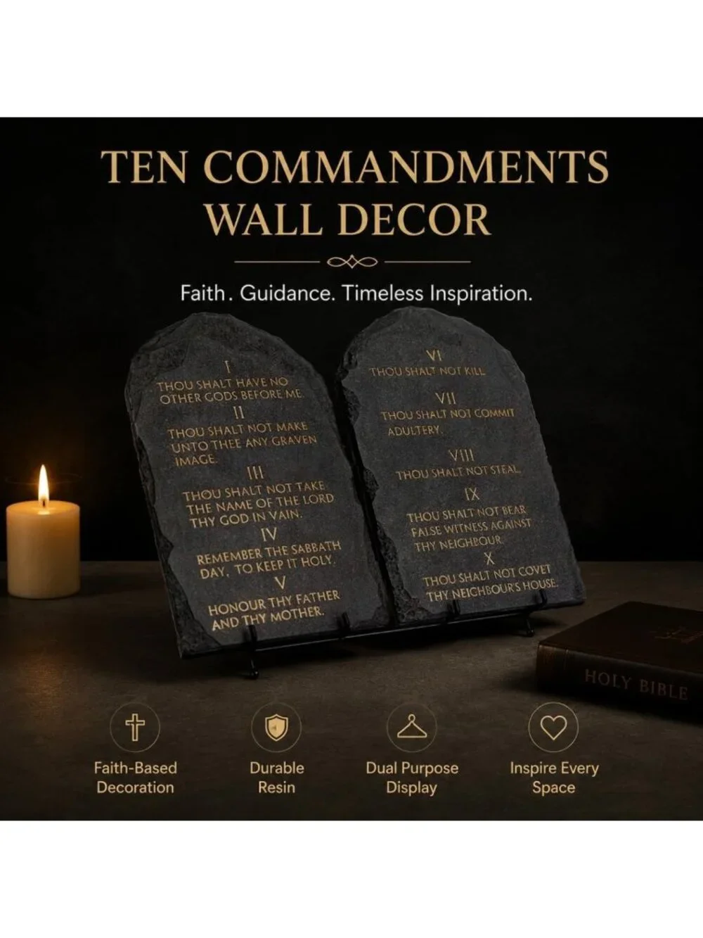 Christian Wall Decor - 14x12 Black Stone Effect Ten Commandments Tablets